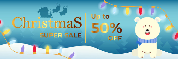 Christmas Banner Super Sale Up To 50% With White Polar Bear Flat Design Vector