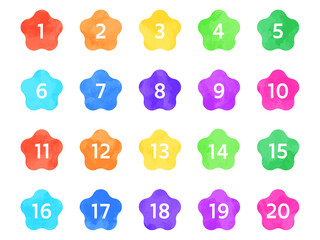 Watercolor textured colorful number icon set. Vector illustration. 1 to 20.