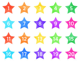 Watercolor textured colorful number icon set. Vector illustration. 1 to 20.