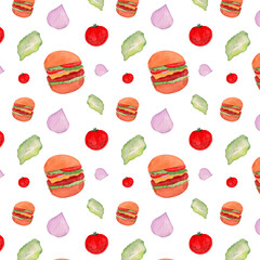 Fastfood watercolor illustration:  . Food and drinks seamless pattern. Decoration wallpaper for restaurants, food stalls. Colorful scrapbook clipart. 
