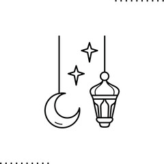 Ramadan greeting: lantern, crescent, and stars, Arabic border  vector icon in outlines 