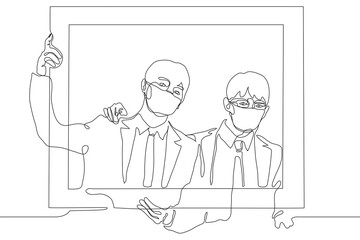 two men in mask in business suits hold a large picture in which they pose for a photo. one line drawing concept of business success, showing attractiveness and confidence