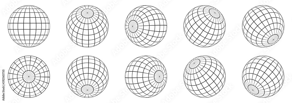Wall mural 3d spheres globe earth. linear globe grid in different angles.