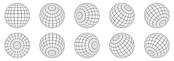 3d spheres globe earth. Linear globe grid in different angles. - obrazy, fototapety, plakaty