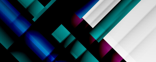 Geometric abstract backgrounds with shadow lines, modern forms, rectangles, squares and fluid gradients. Bright colorful stripes cool backdrops