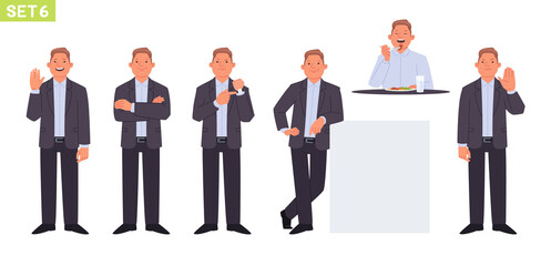 Businessman character set. Man manager in various poses and situations. Person greeting gesture