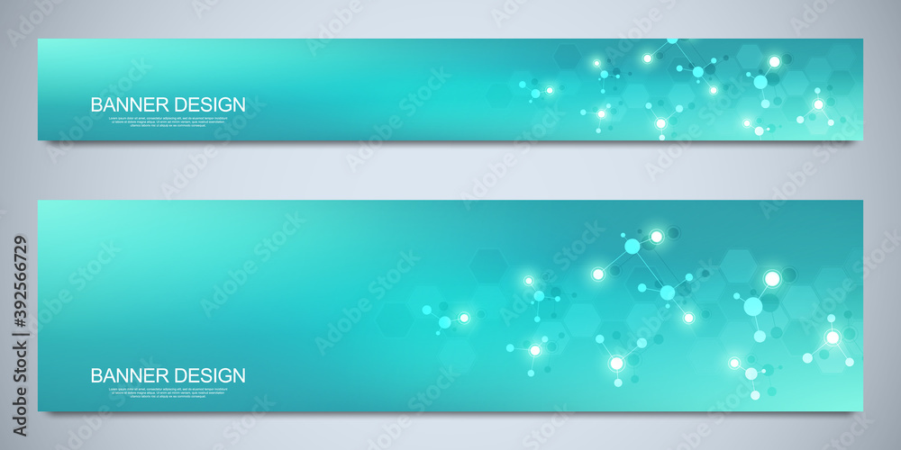 Poster banners design template with molecular structures and neural network. abstract molecules and genetic