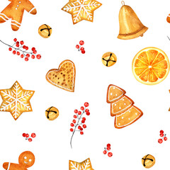 Watercolor Christmas seamless pattern with toys, gingerbread, bells on a white background. For packaging, invitations, greeting cards, textiles.