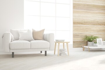 modern room with sofa,pillows,chair,table,plant interior design. 3D illustration