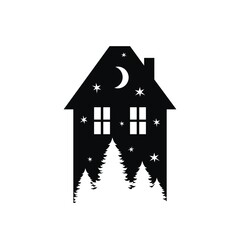 Silhouette of the house and forest at night