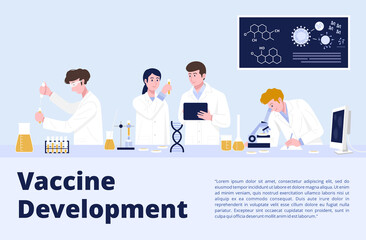COVID-19 vaccine research concept, Medical Research Scientists working in laboratory. Vector