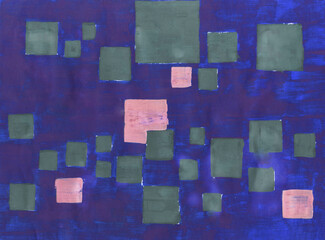 Painting, contemporary Modern Art. blue pink gray, gouache acrylic paint in collage mosaic technique, abstract texture hand drawn background for your design.