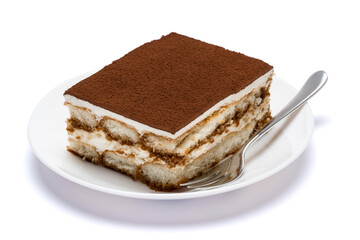 Traditional Italian Tiramisu square dessert portion on ceramic plate isolated on white background with clipping path