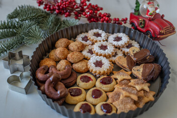 Traditional home made German Christmas Cookies on a festive table