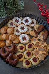 Traditional home made German Christmas Cookies on a festive table