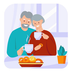 Happy elderly couple drinking hot tea, coffee. The concept of happy relationships, family. Vector illustration in flat style.