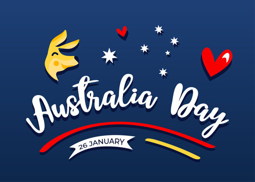 Australia Day poster. Official national day celebrated on 26 January. Calligraphic lettering, kangaroo face and heart. Flag colored background.
