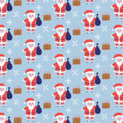 Seamless vector pattern of Christmas Santa Claus and gifts. Christmas gift background 