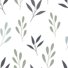Seamless floral pattern with leaves and branches. Spring illustration for fabric, banner, card, wedding decor, invitation, wallpaper, room decor, clothes design, home textile. Simple flat style.