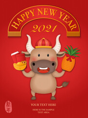 Fototapeta na wymiar 2021 Chinese new year of cute cartoon oxstanding holding golden ingot red envelope and pineapple. Chinese translation : New year.