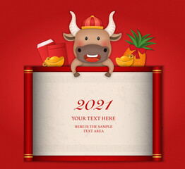 2021 Chinese new year of cute cartoon ox scroll reel template and plum blossom lantern pineapple golden ingot red envelope.