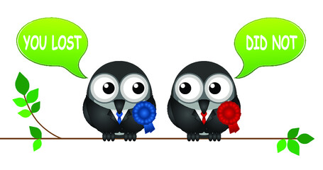 Comical bird politicians arguing who won the election perched on a branch isolated on white background