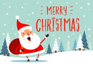 Merry Christmas! Santa Claus carrying a Christmas sack on snow scene. Flat vector concept illustration.
