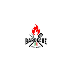 Vintage Grill Barbeque Barbecue Bbq with Crossed Fork, Spatula and Fire Flame Logo Design