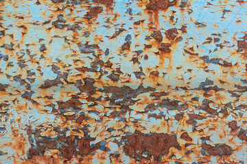Rust.Old blue painted wall with rust spots.Textured rusty metal background. Rust stains through the cracked blue paint.