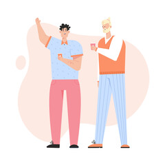 Two young guys talking, drinking coffee and smiling