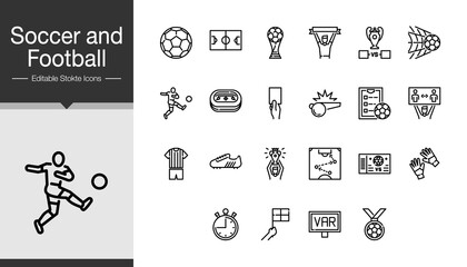 Soccer and football icons. Modern line design. For presentation, graphic design, mobile application or UI. Editable Stroke.