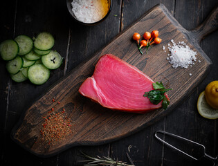 Cold Smoked Tuna Fillet . Seafood on a wooden chopping board. Top view. 