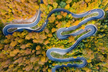 Aerial view of road in beautiful autumn forest at sunset.