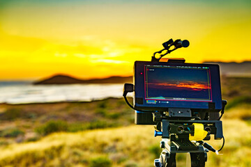 Camera taking picture of sunset over sea