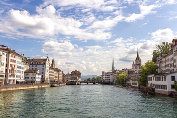Fototapeta na wymiar View of Zurich city center and river Limmat in Switzerland.