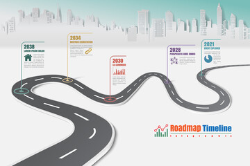 Business roadmap timeline infographic template with pointers designed for city background milestone modern diagram process technology digital marketing data presentation chart Vector illustration