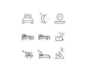 Bed, Sleep icon set. Bed time, sleep, reading, moon, deep sleep, tent, minimal vector illustrations. Minimal outline stroke icon set for websites.