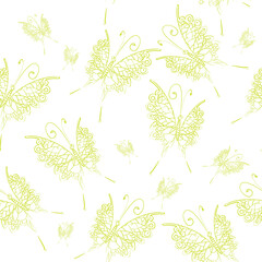 Vector Ornamental Seamless Pattern with Butterflies on a White Background. Design for Fabric or Wallpaper. Freehand Drawing. Fashion Print for Textile. Seamless Texture. Free Hand Illustration.
