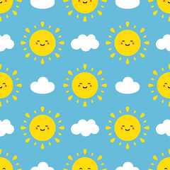 Cute cartoon style smiling sun characters and clouds vector seamless pattern background for weather design.