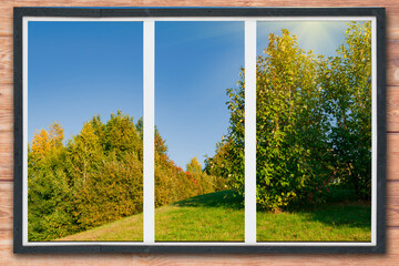 Trees and bushes with yellow and green leaves on a hill outside the window on a wooden wall against the blue sky. Beautiful summer natural background