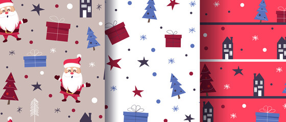 Fototapeta premium Simple christmas seamless bright patterns set. Background can be used for wallpapers, pattern fills, web page backgrounds,surface textures.