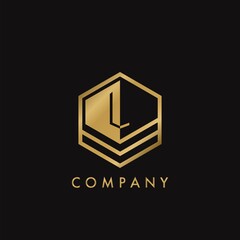 Gold Letter L Letter Logo Concept Elegance Geometrical Hexagon with negative space initial letter for Apartment Real Estate, Property, hotel and Architecture Business.