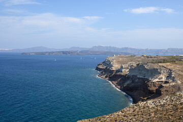 View of the caldera and cliffs from the peninsula of Akrotiri on the island of Santorini, Greece
