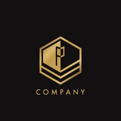 Gold Letter P Letter Logo Concept Elegance Geometrical Hexagon with negative space initial letter for Apartment Real Estate, Property, hotel and Architecture Business.