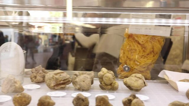 Alba international white truffle market - view of white truffles under plexiglas case
