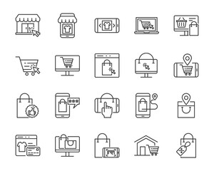set of online store thin line icons, online shopping