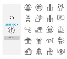set of gift box thin line icons, birthday gift, celebration
