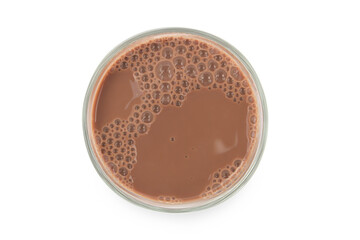 Chocolate milk puddle in glass isolated on white background.