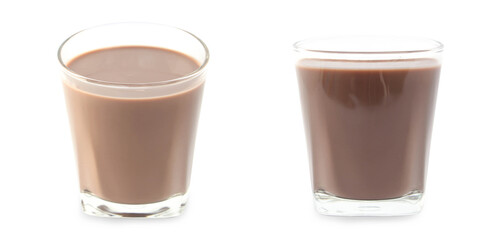 Chocolate milk puddle in glass isolated on white background.