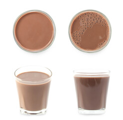 Chocolate milk puddle in glass isolated on white background.